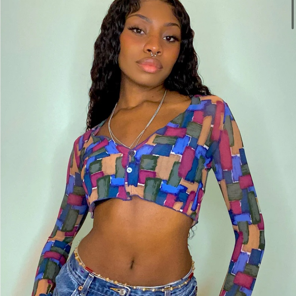 Vibrant Patchwork Long Sleeve Crop Top only hearts size small